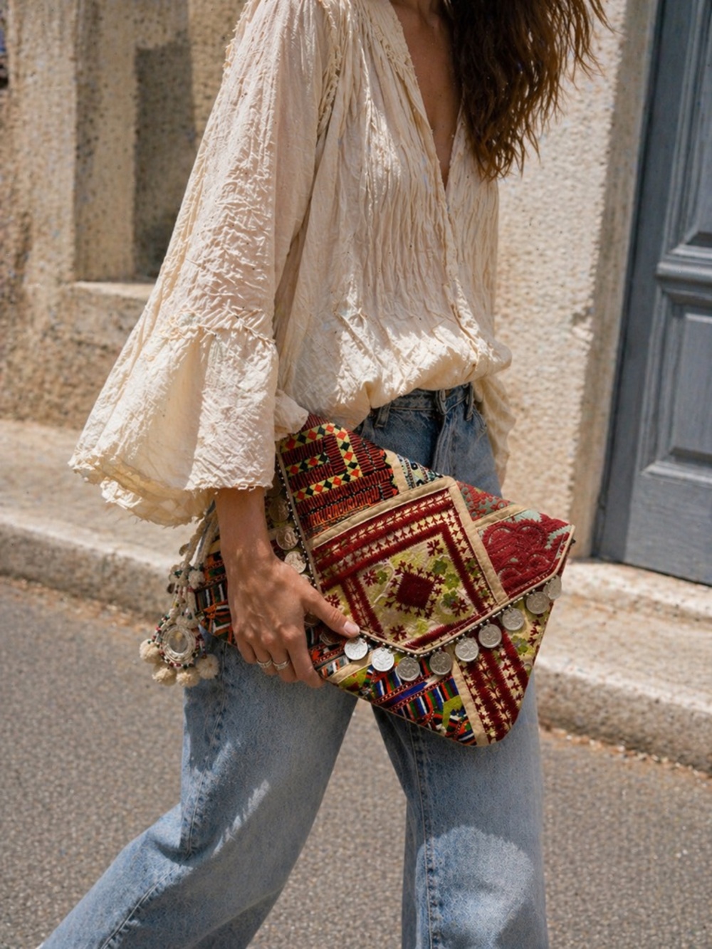 ANTIK BATIK Banjo Embellished Clutch Burgundy